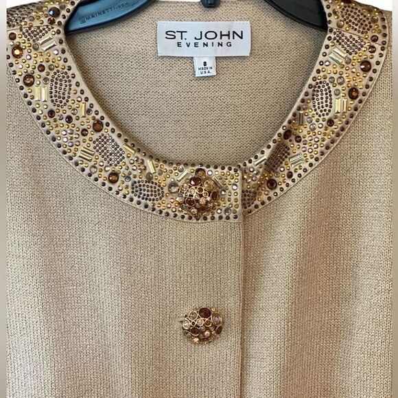 St. John Sz 8 Gold Bronze Metallic Knit Rhinestone Trim Buttons Vintage Jacket - Picture 6 of 8